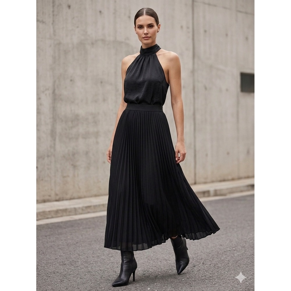 Quince Black Pleated Midi Skirt XL Chiffon Accordion Elastic Waist HBGC001 FA/22